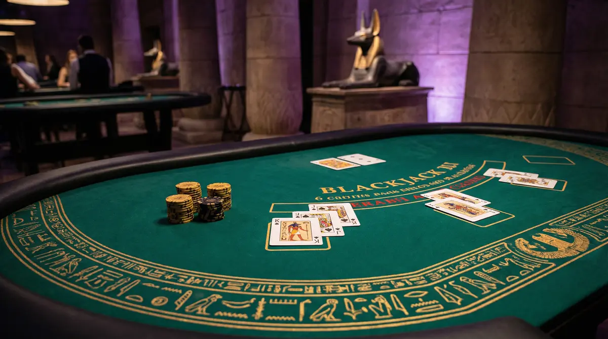 Mesa de blackjack com decoração egípcia no soccerbet